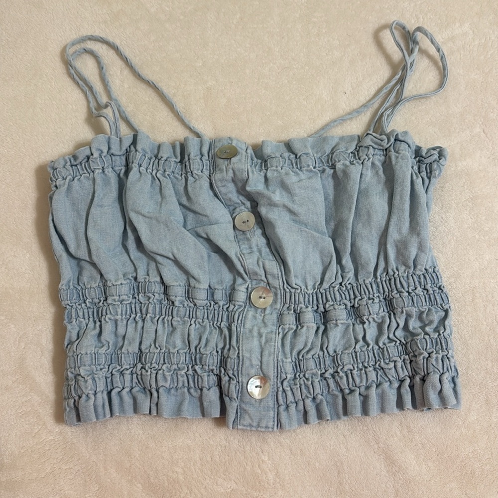 Zara Light Blue Linen Crop Top With Ruched Ruffle - Picture 2 of 3